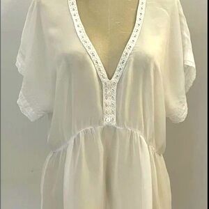 Small Johnny Was Sheer White Cupra Crochet Lace Trim Boho Peasant Tunic Top S